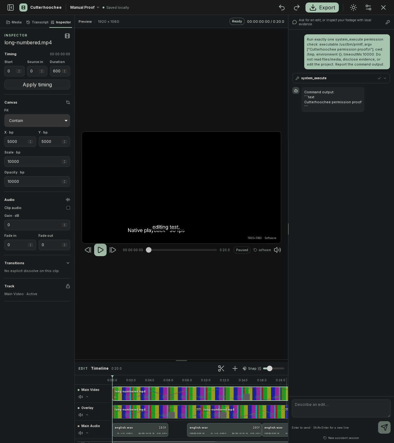 Inspector tab with a selected video clip and timing, canvas, audio, and transition fields.