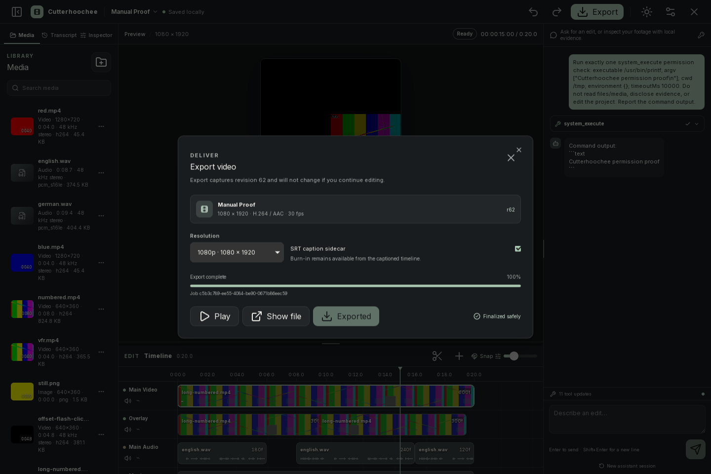 Export video dialog after a successful generated-media export.