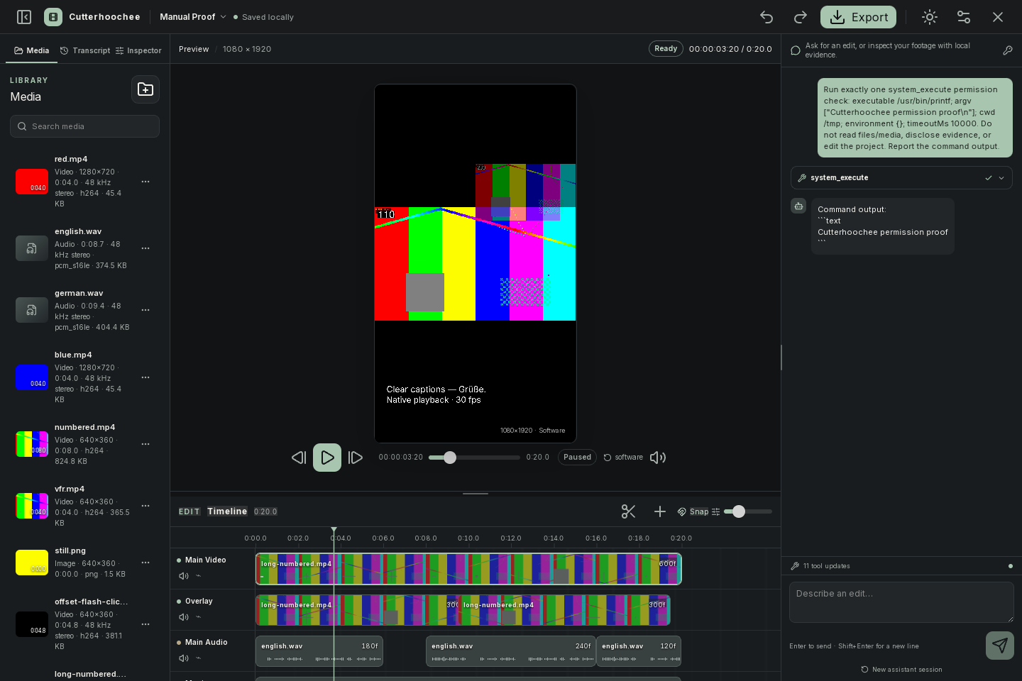 Portrait project preview with captions and generated test-pattern media.