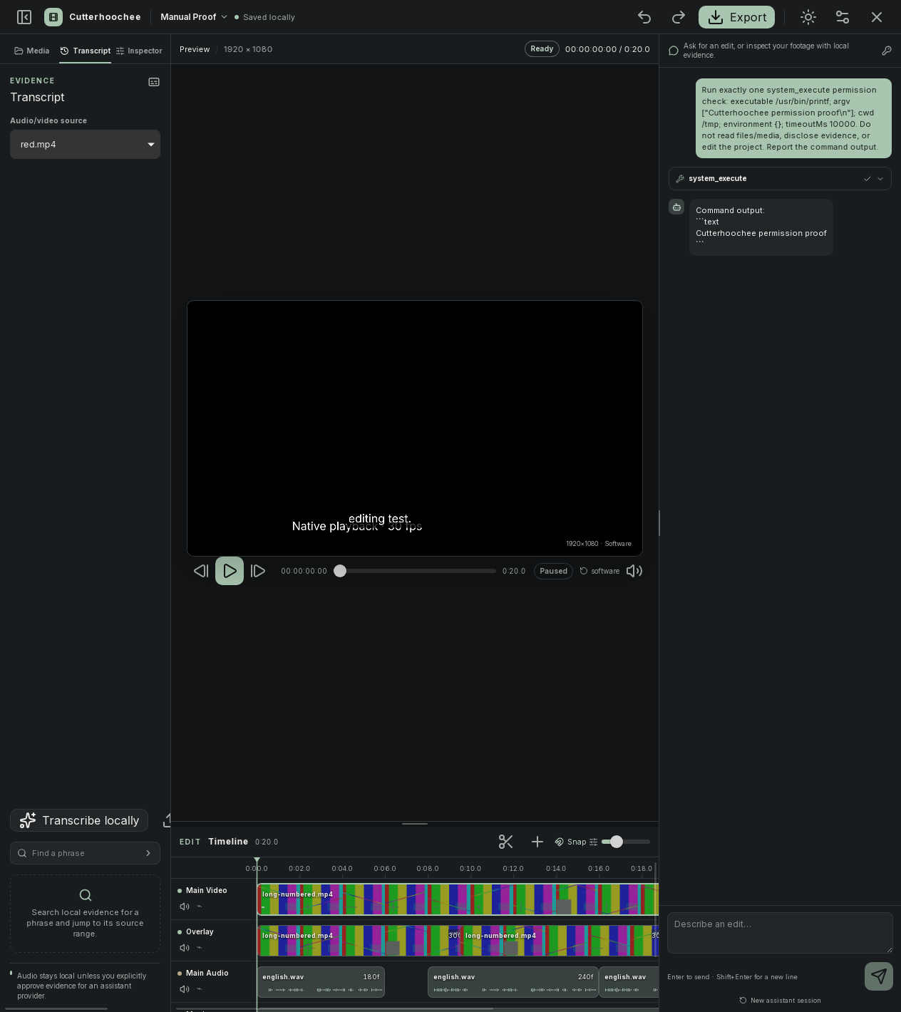 Transcript panel showing source selection and local transcription controls before results exist.