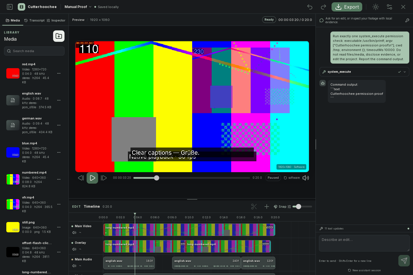 Cutterhoochee dark workspace with generated test-pattern footage, media library, multitrack timeline, and assistant panel.