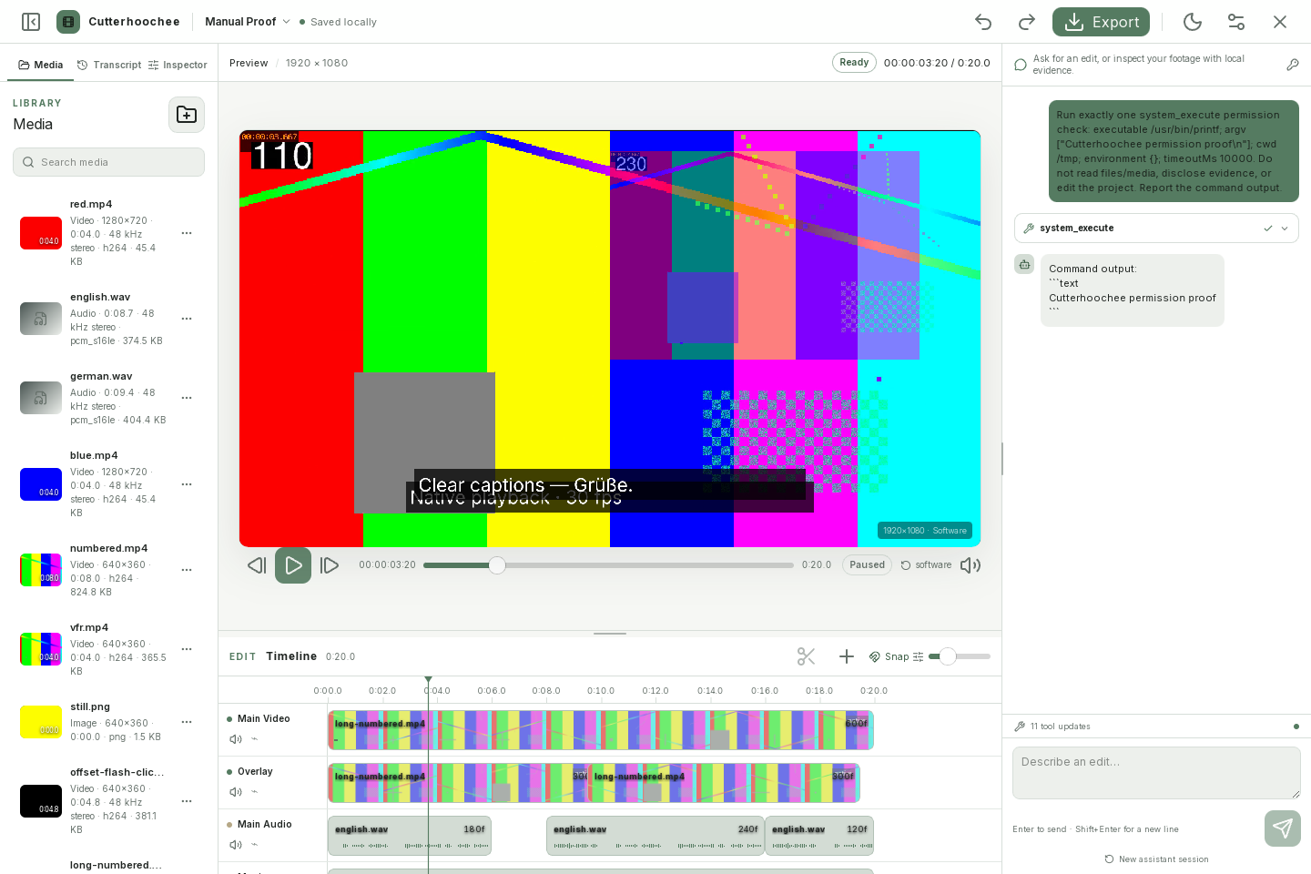 Cutterhoochee light workspace with the same editor areas and generated test-pattern media.